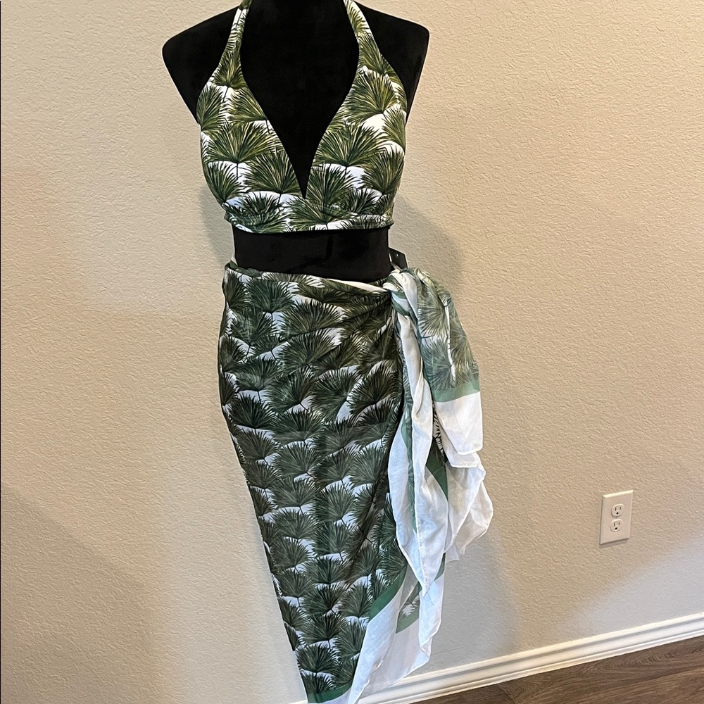 Antonio Melani Green Palm Print Halter Bikini Set w/ Sarong Cover Up